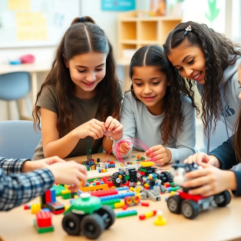 Young girls collaborating on a LEGO robotics project.