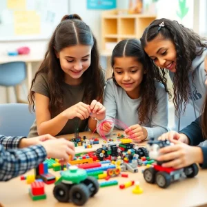 Young girls collaborating on a LEGO robotics project.
