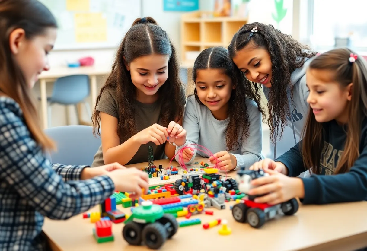 Young girls collaborating on a LEGO robotics project.