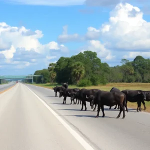 Herd of water buffalo grazing next to Highway 90 in Tallahassee.
