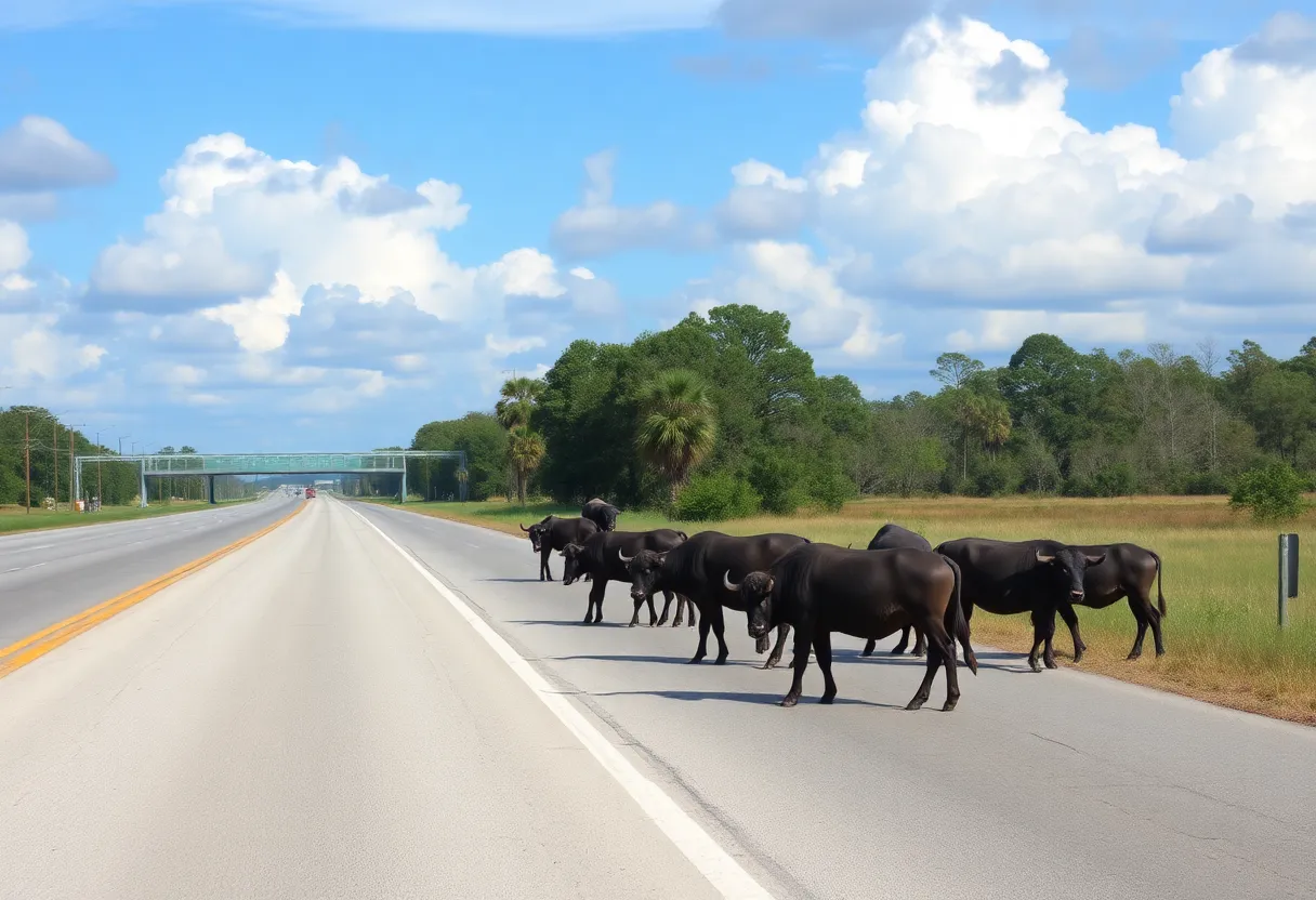 Herd of water buffalo grazing next to Highway 90 in Tallahassee.