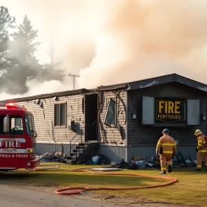 Mobile home fire remains with firefighters at the scene