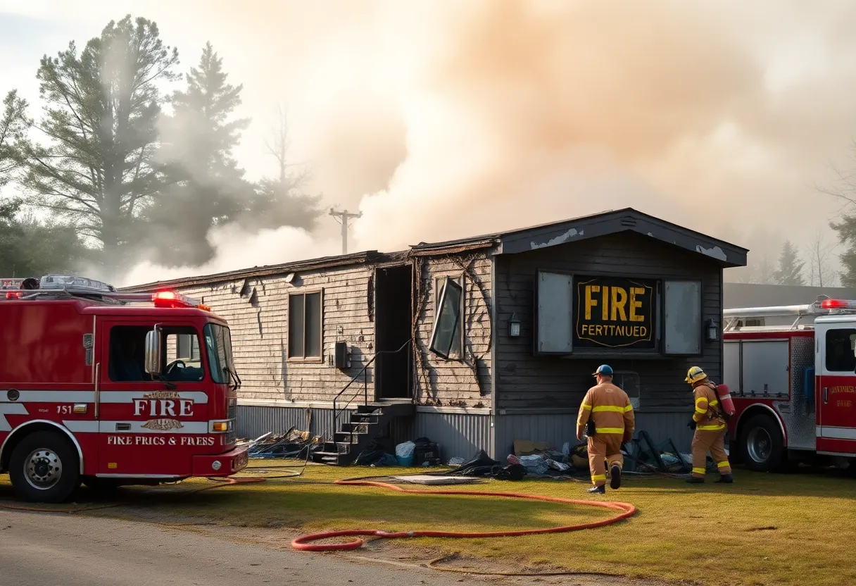 Mobile home fire remains with firefighters at the scene