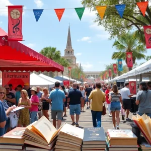 An illustration depicting the Word of South Festival in Tallahassee with books and music.
