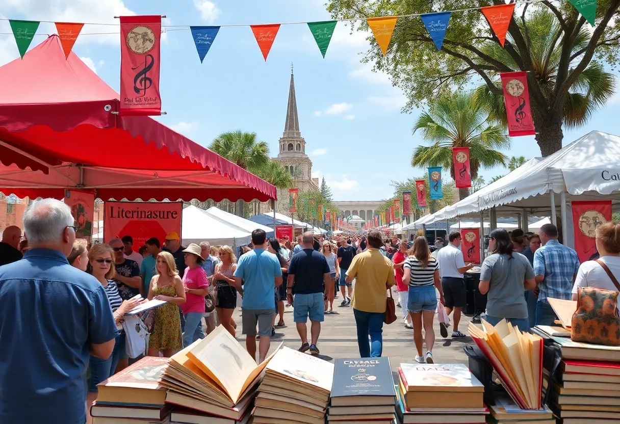 An illustration depicting the Word of South Festival in Tallahassee with books and music.