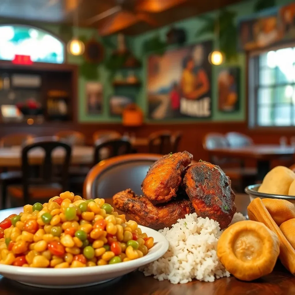 Plate of jerk chicken with rice and peas, sautéed cabbage, and fried dumplings at C&G Caribbean Restaurant.