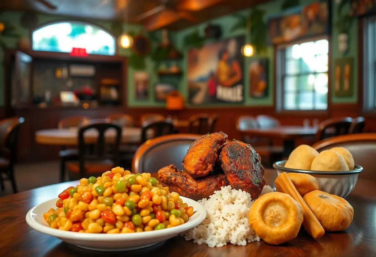 Plate of jerk chicken with rice and peas, sautéed cabbage, and fried dumplings at C&G Caribbean Restaurant.