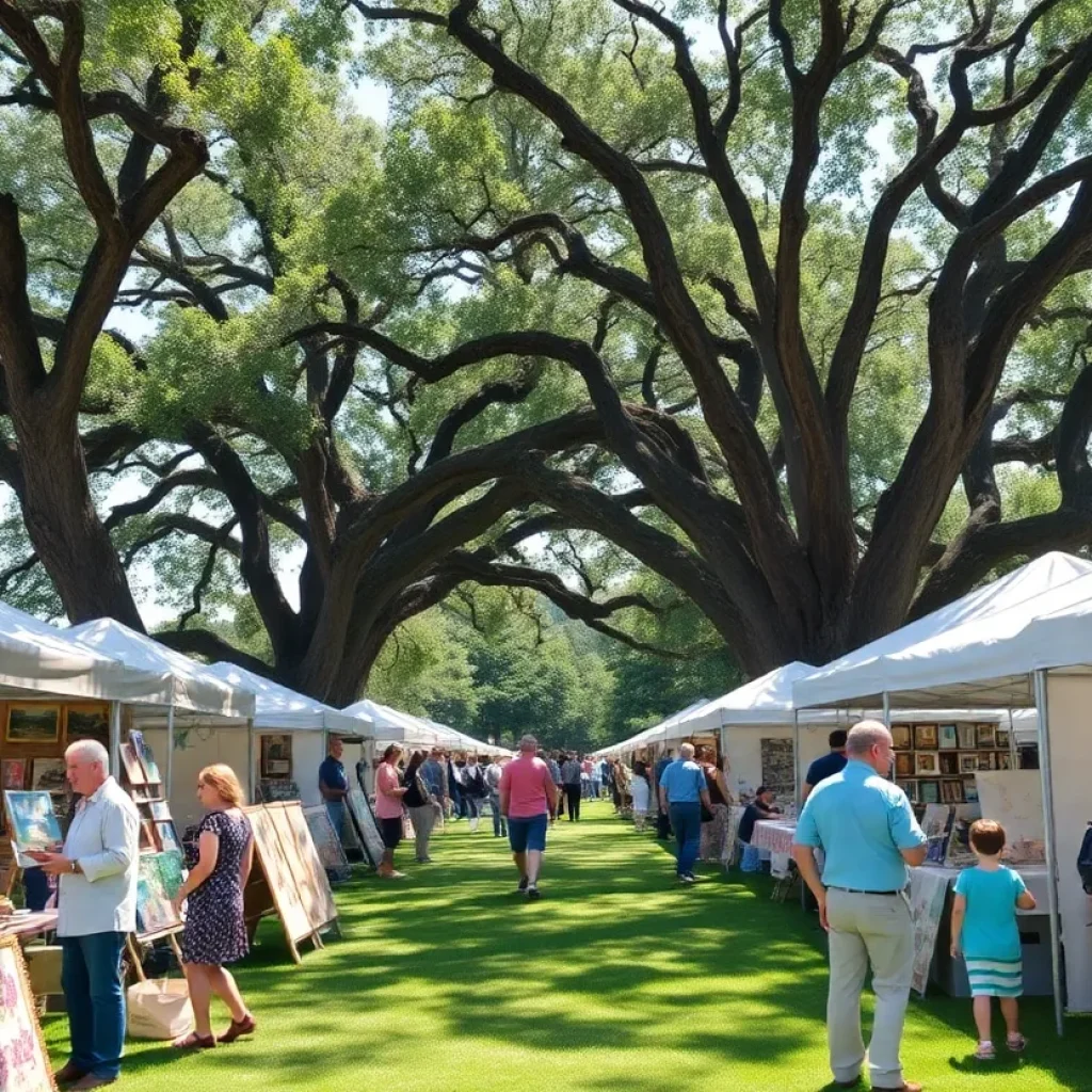 A colorful scene from the Chain of Parks Art Festival featuring artists and families enjoying art activities.