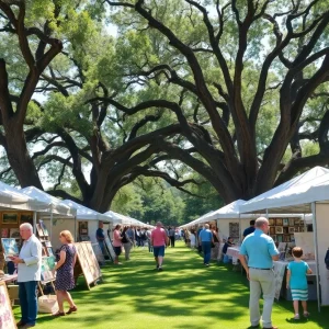 A colorful scene from the Chain of Parks Art Festival featuring artists and families enjoying art activities.
