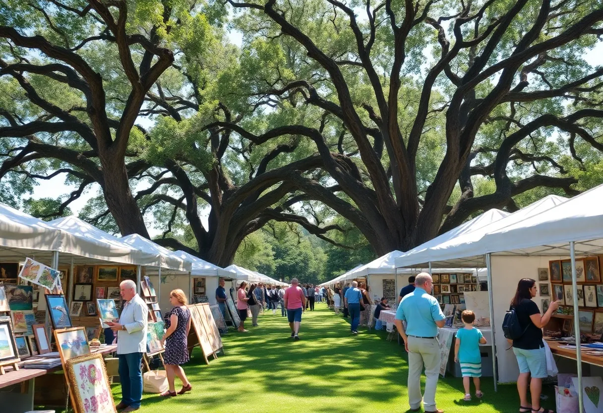 A colorful scene from the Chain of Parks Art Festival featuring artists and families enjoying art activities.