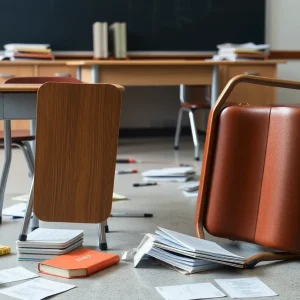 Empty classroom with spilled items on the floor