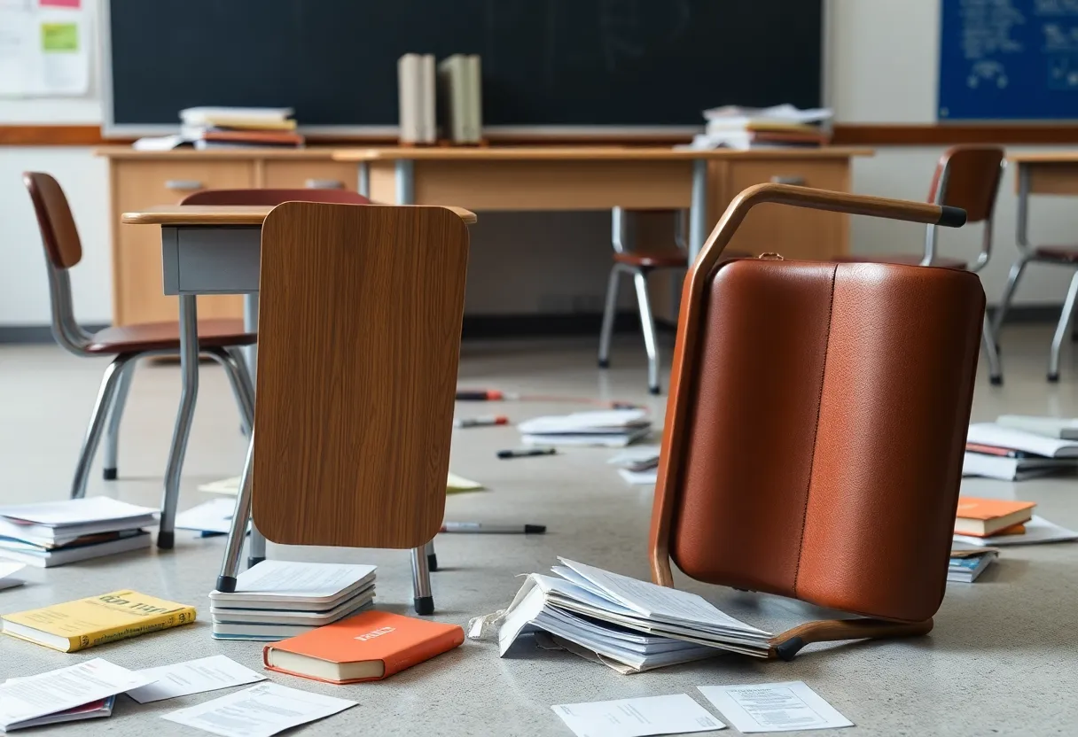 Empty classroom with spilled items on the floor