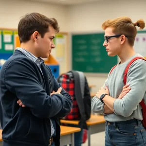Illustration of a tense classroom with a student and teacher interaction