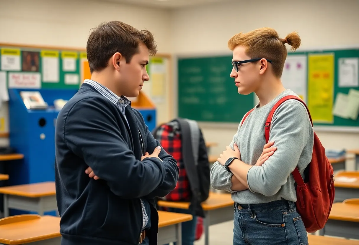 Illustration of a tense classroom with a student and teacher interaction