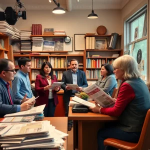 A lively interaction at a community news office in Lake City