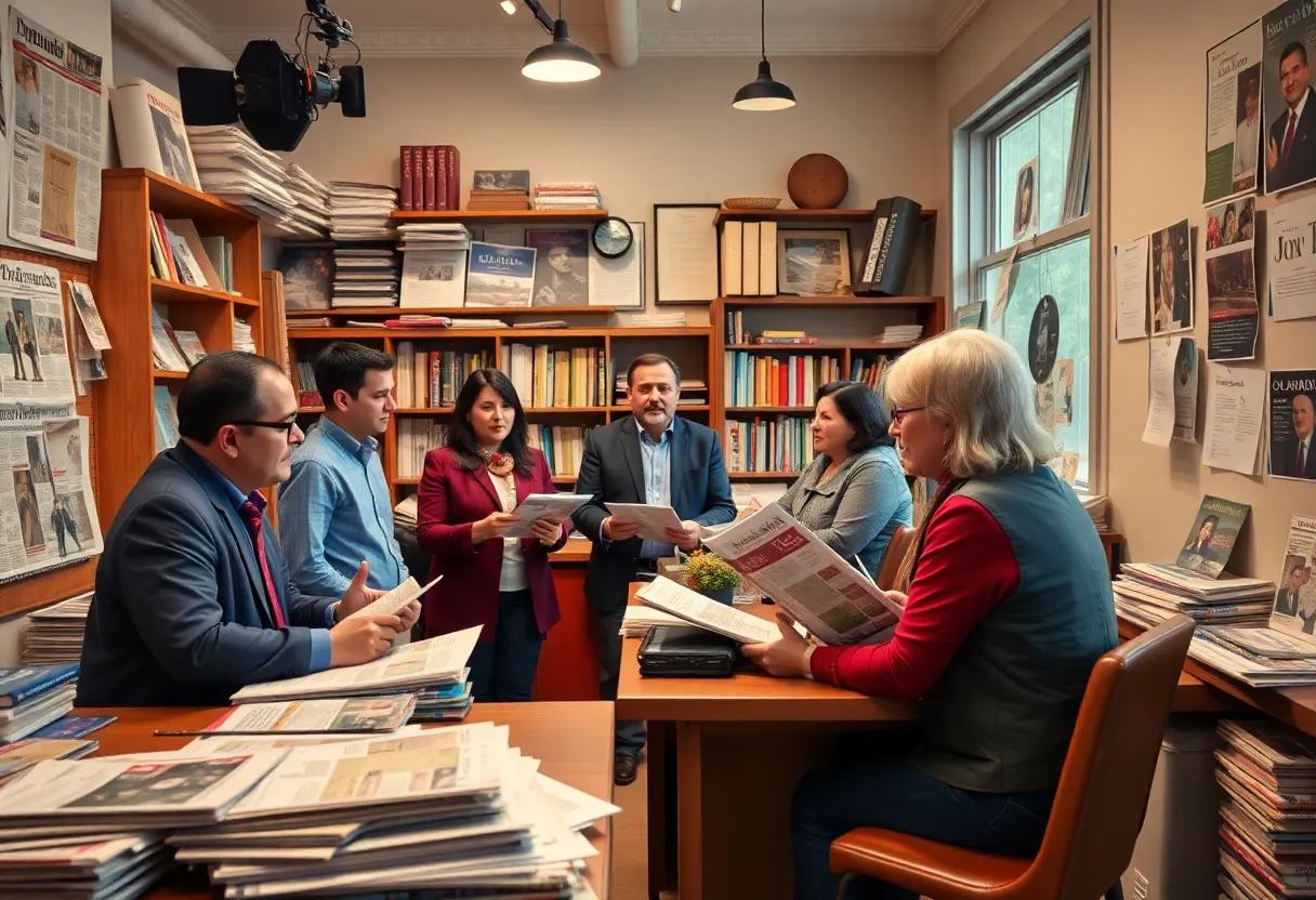 A lively interaction at a community news office in Lake City