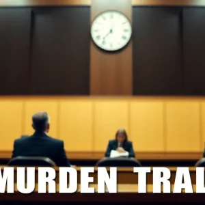 Dramatic courtroom scene with blurred figures, reflecting high tensions of a murder trial.