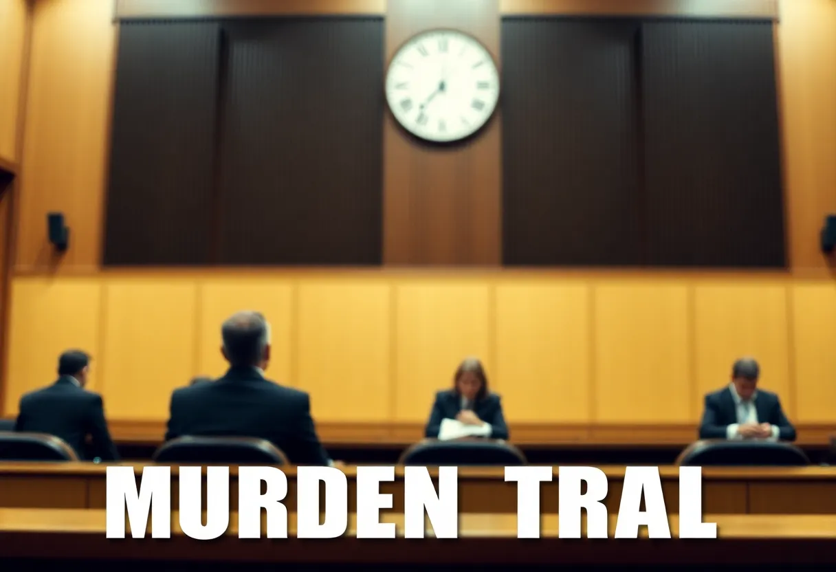 Dramatic courtroom scene with blurred figures, reflecting high tensions of a murder trial.