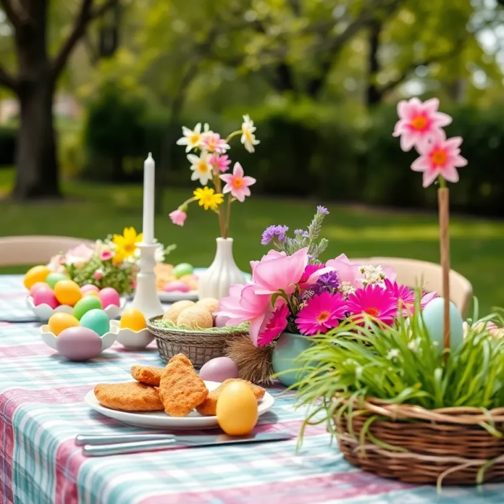 Festive Easter brunch table setting with decorations and food