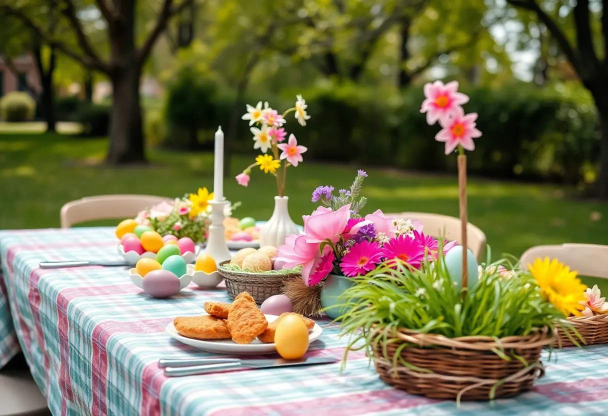 Festive Easter brunch table setting with decorations and food