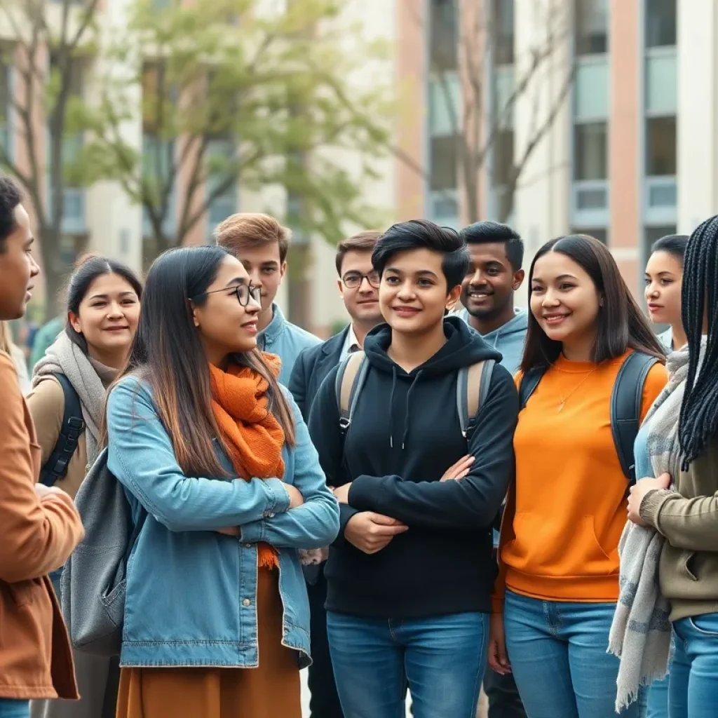 Diverse university students showing solidarity for DEI initiatives.