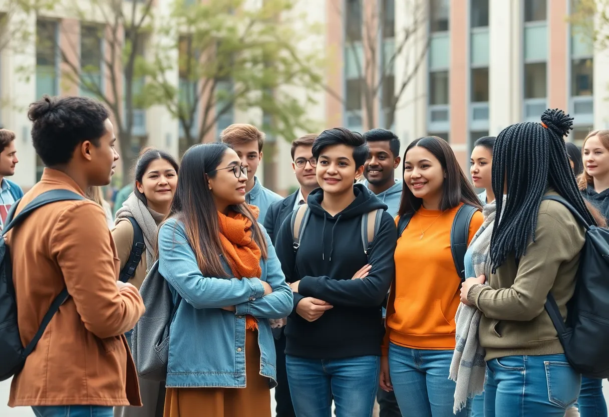 Diverse university students showing solidarity for DEI initiatives.