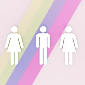 Artistic representation of restroom gender signs with a rainbow flag.