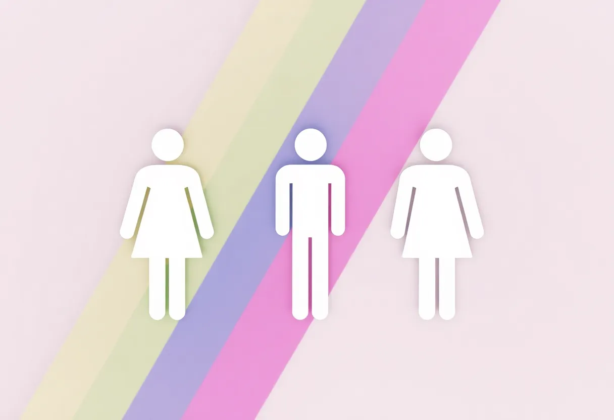 Artistic representation of restroom gender signs with a rainbow flag.