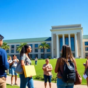 Students on a Florida university campus discussing academic matters
