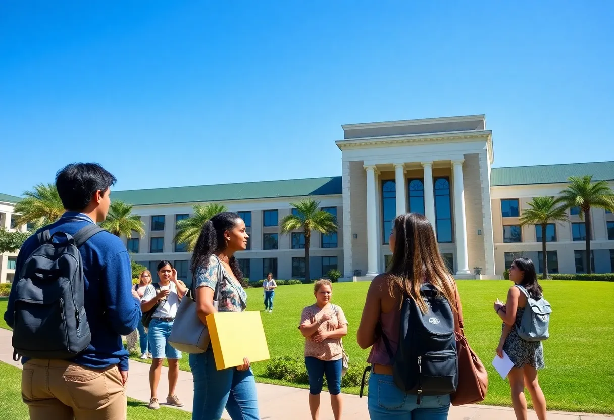 Students on a Florida university campus discussing academic matters