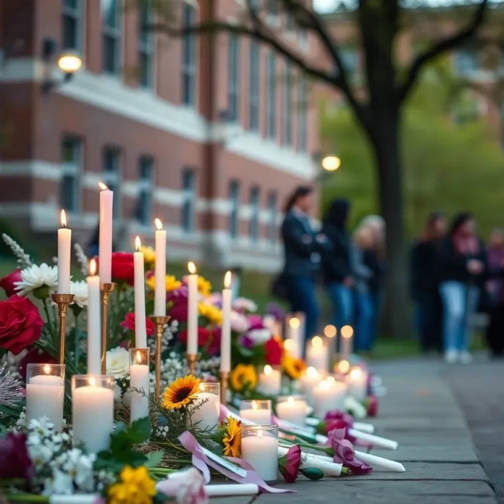 Memorial with flowers and candles on a university campus