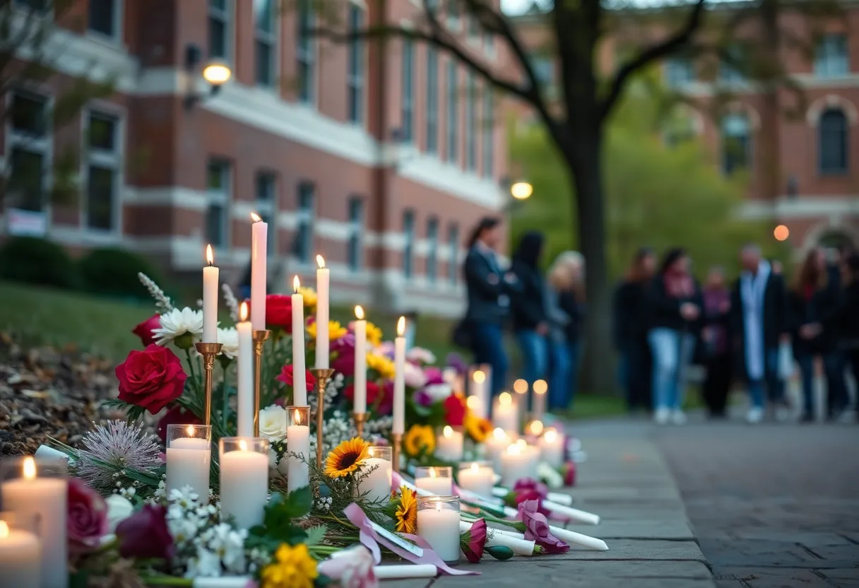 Memorial with flowers and candles on a university campus