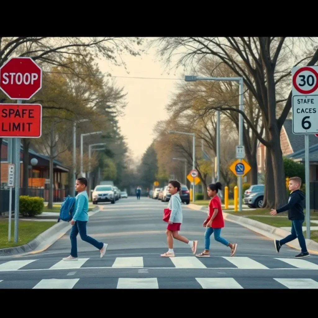 Children crossing in a safe school zone with enforcement signs visible.
