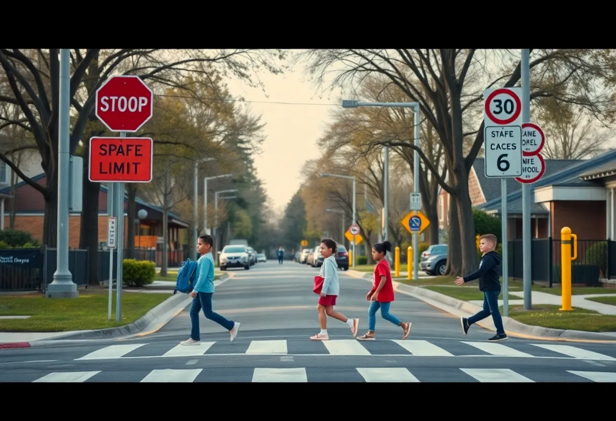 Children crossing in a safe school zone with enforcement signs visible.