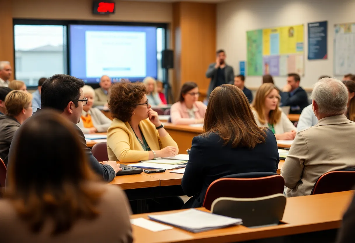 School board meeting discussing financial challenges