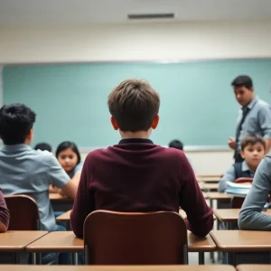 Tense classroom scene depicting a class of students with a teacher, illustrating the atmosphere of a recent incident.