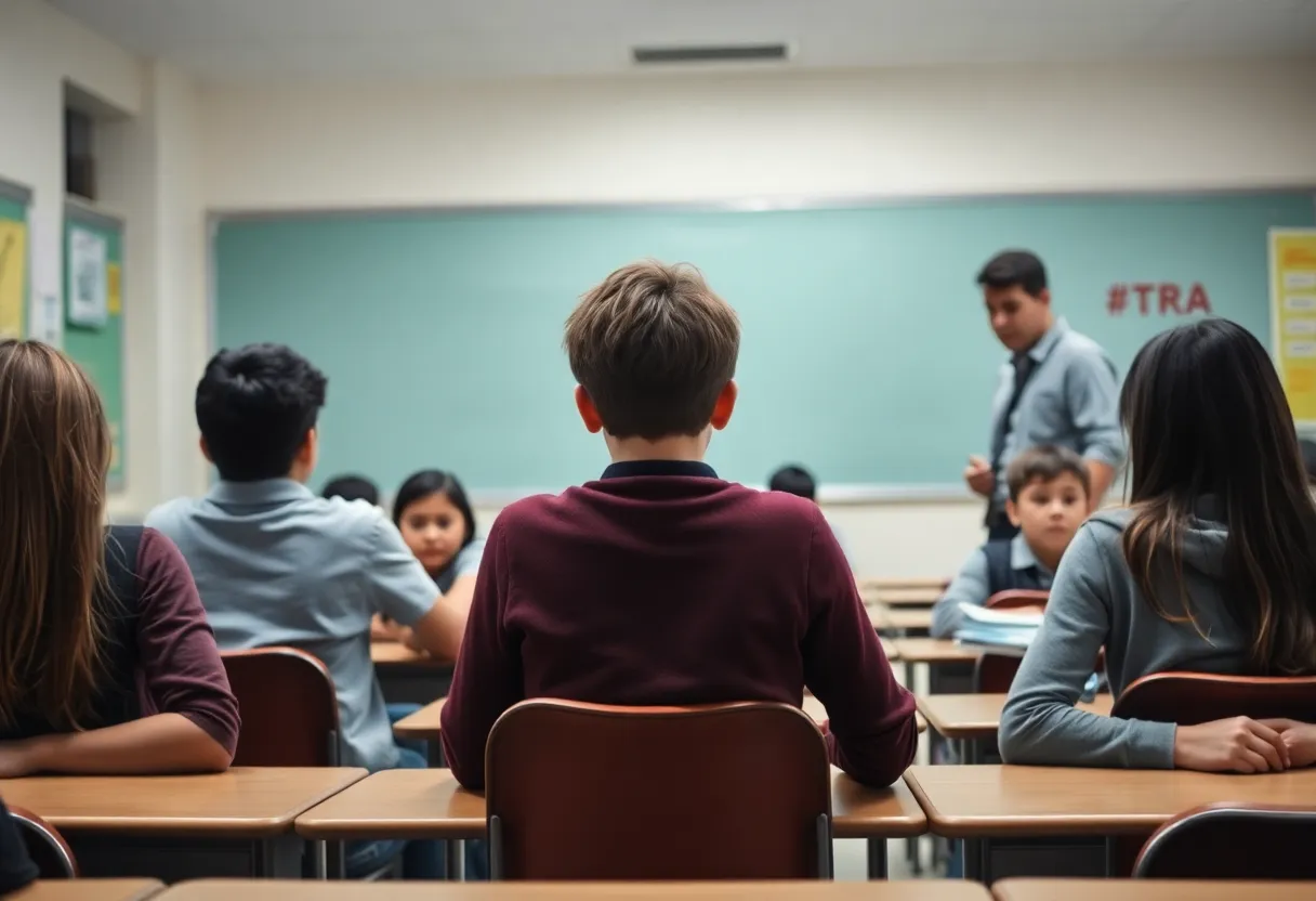 Tense classroom scene depicting a class of students with a teacher, illustrating the atmosphere of a recent incident.
