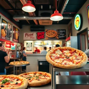 Interior of Momo's Pizza with large slices and nostalgic decor