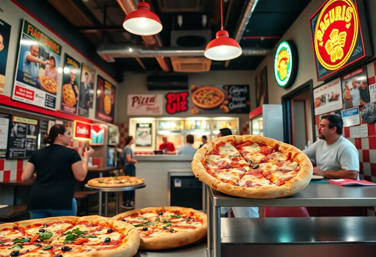 Interior of Momo's Pizza with large slices and nostalgic decor