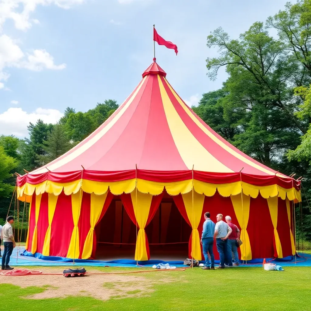 Newly constructed Big Top tent for the Flying High Circus surrounded by students and construction workers.
