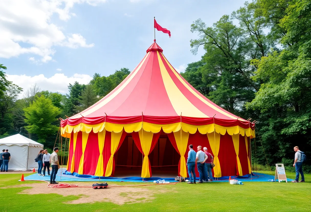 Newly constructed Big Top tent for the Flying High Circus surrounded by students and construction workers.