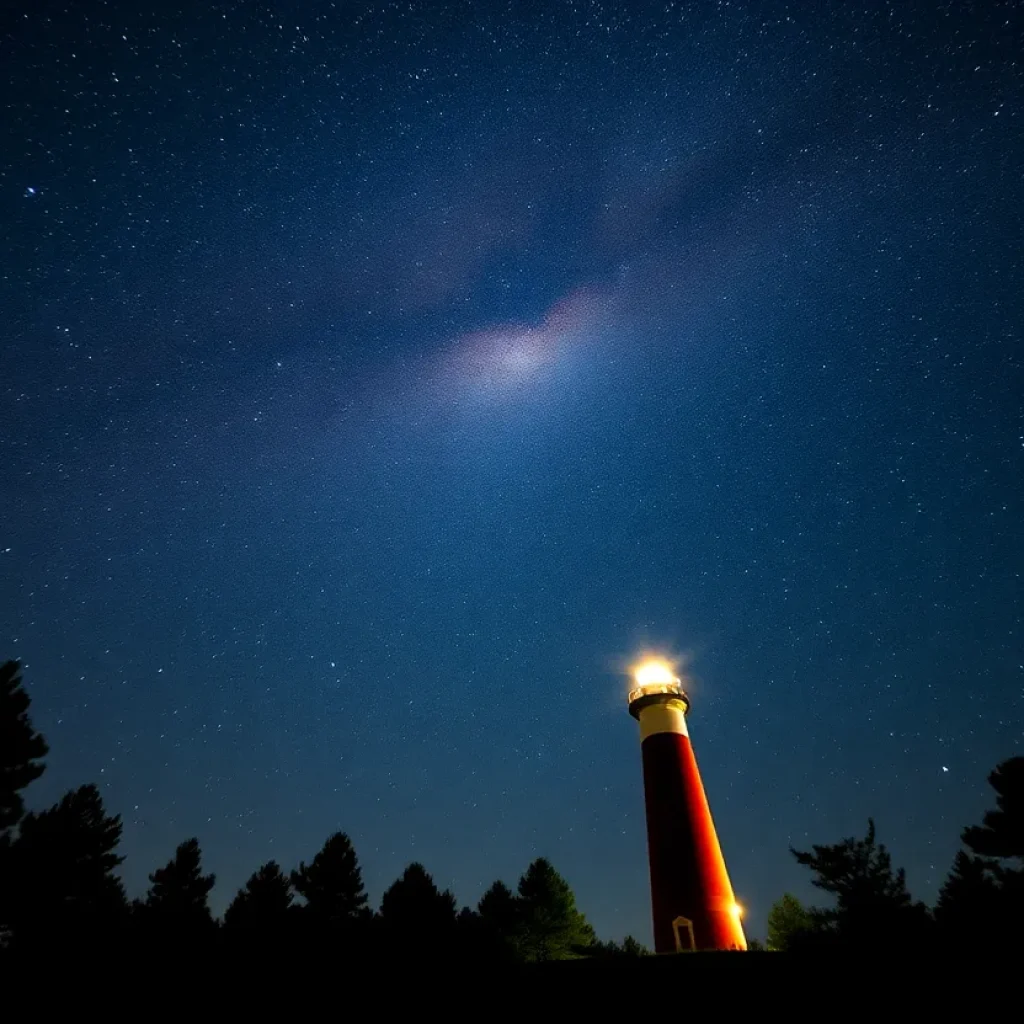 Stunning night sky showcasing the Milky Way and shooting stars above St. Marks Lighthouse