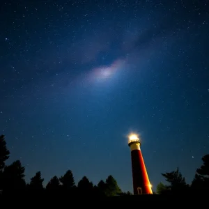 Stunning night sky showcasing the Milky Way and shooting stars above St. Marks Lighthouse