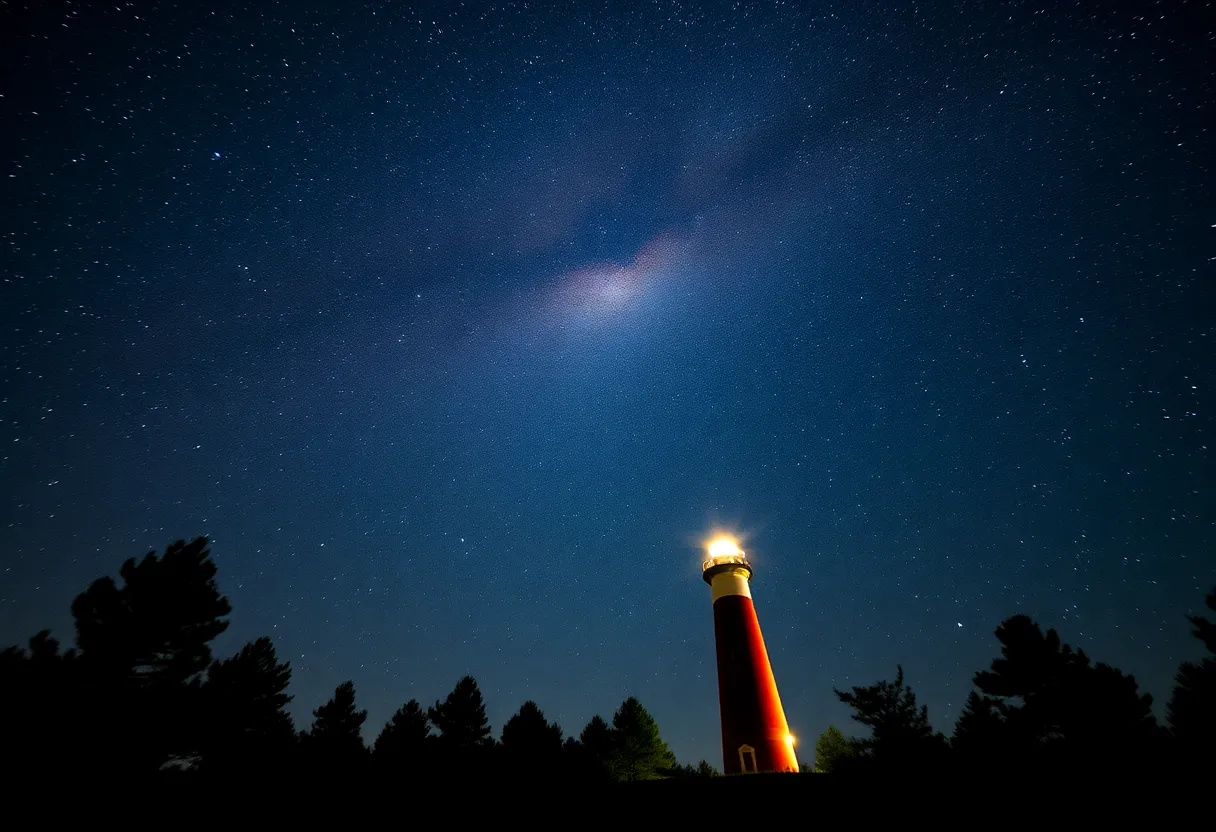 Stunning night sky showcasing the Milky Way and shooting stars above St. Marks Lighthouse
