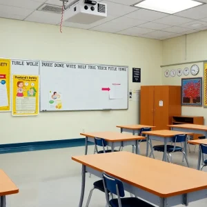 Empty classroom with safety posters