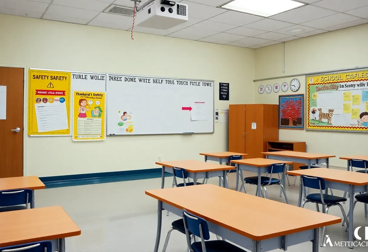 Empty classroom with safety posters