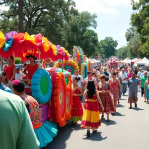 Crowd enjoying the Springtime Tallahassee festival with colorful floats and activities.