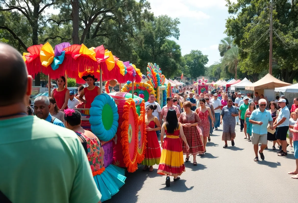 Crowd enjoying the Springtime Tallahassee festival with colorful floats and activities.