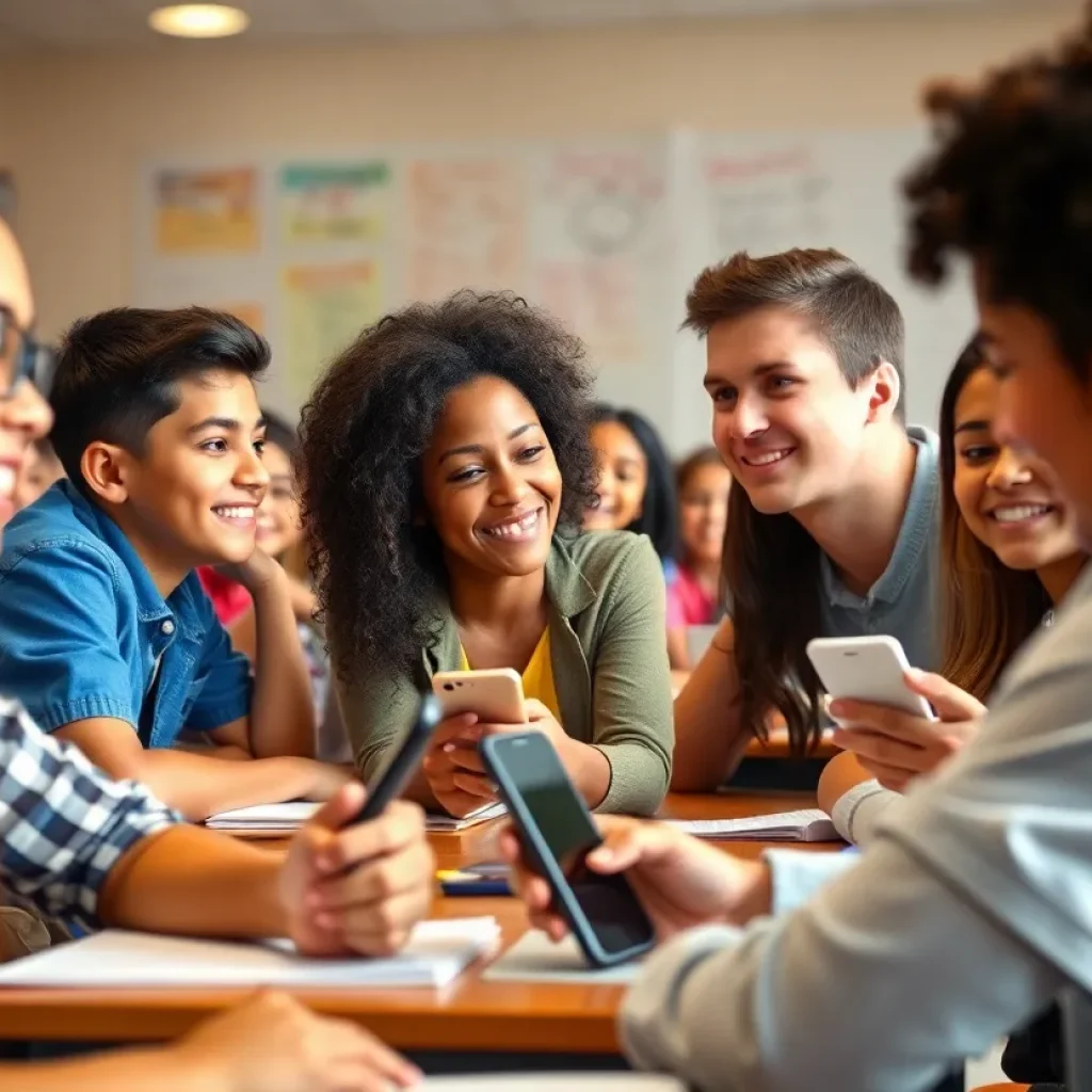 Students in a classroom interacting and learning without cell phones.