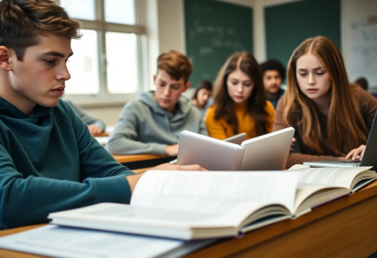 Students looking worried while studying due to potential AP funding cuts